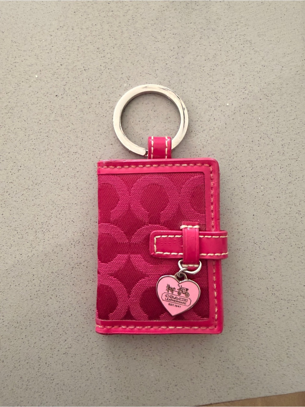 Coach Pink Signature Photo holder Keychain with Heart Charm